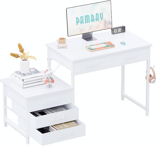 Pamray 47 inch Computer Desk with 5 Drawers and Printer Space for Office | Ample Storage, Space-saving, Easy Assembly, Sturdy, Suitable for Home Office, Study and Writing, Bedroom and Dorms by PAMRAY