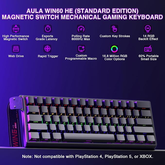 Aula WIN60 HE - 60% Mechanical Gaming Keyboard Wired, Magnetic Switch Hot Swappable, Adjustable Actuation Rapid Trigger Mode, 8000 Hz Polling Rate, RGB Small Keyboard 60 Percent Compact Design for PC - Image 2