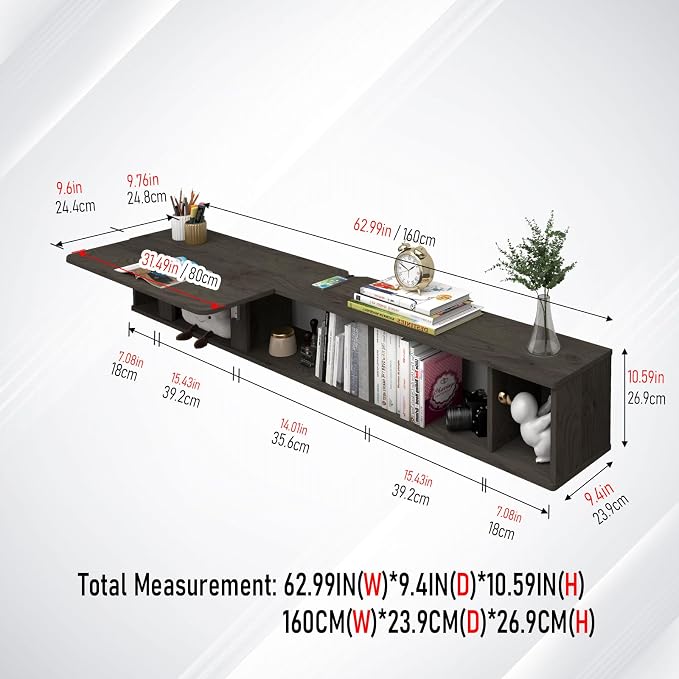 Pmnianhua 63'' Floating Desk with Storage Shelves,Wall Mounted Desk Laptop Computer Writing Study Table for Bedroom Small Space(Dark Grey) - Image 5