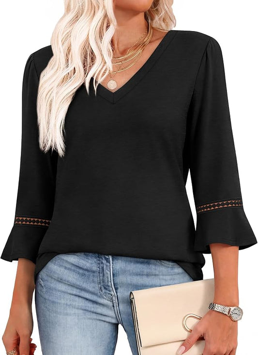 WIHOLL Womens Blouses Dressy Casual 3/4 Length Sleeve Tops Lace Trendy 2026 Spring Summer V Neck Shirts Vacation Outfits by WIHOLL