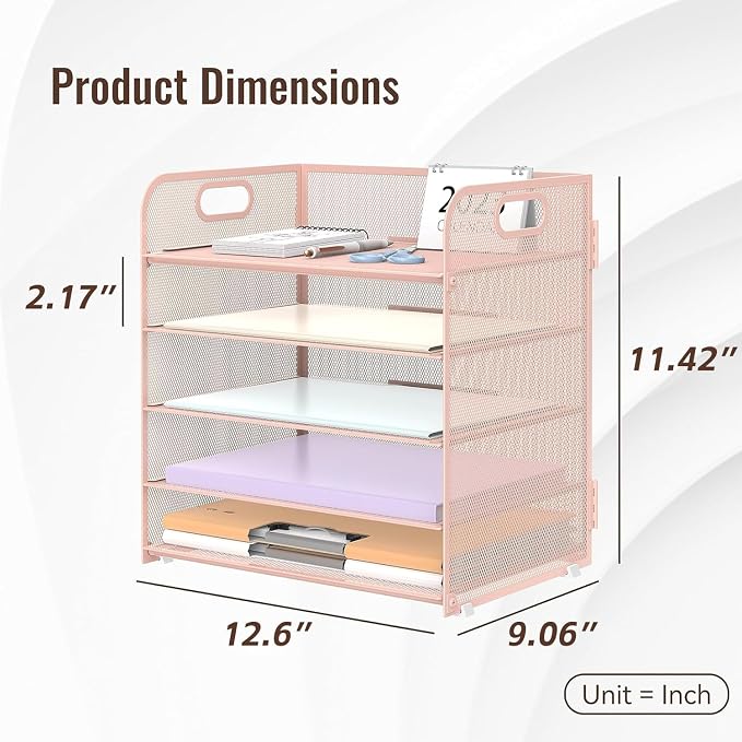 2 Pack 5-Tier Pink Desk Organizer with Handle Mesh Desk File/Paper Organizer Letter Tray for Office, School, Classroom and Home Easy Installation - Image 5
