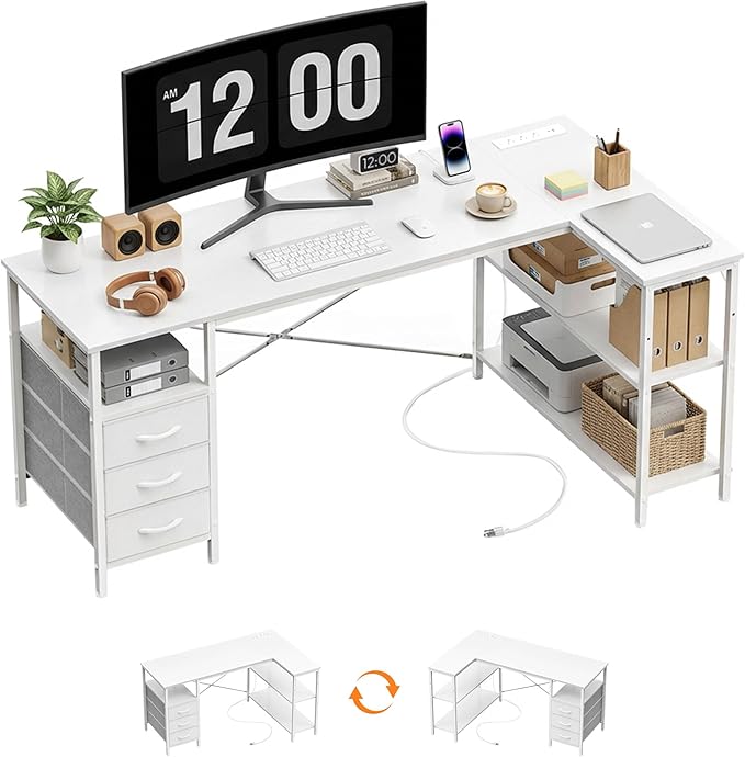 Alpen L Shaped Computer Desk, 47.2 Inch Corner Desk with Drawers and Power Outlets, Home Office Desk for Gaming, Study Writing PC Table with Storage and Reversible Shelf, White by ALPEN
