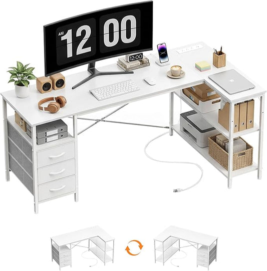 Alpen L Shaped Computer Desk, 47.2 Inch Corner Desk with Drawers and Power Outlets, Home Office Desk for Gaming, Study Writing PC Table with Storage and Reversible Shelf, White by ALPEN