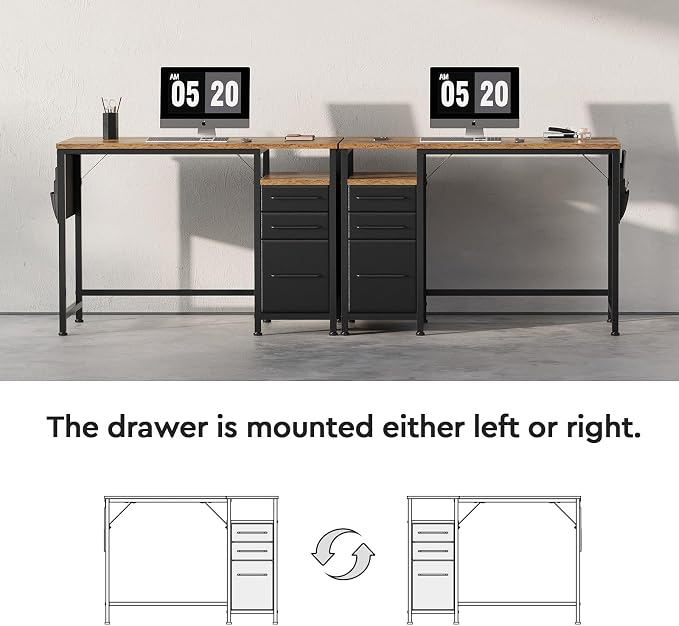 Maihail Small Desk with Drawers, Office Desk with Storage Shelves, Brown | 40 Inch Desktop, Metal Frame, 3 Fabric Drawers, Storage Shelves, Computer & Writing Desk, Office Gaming Workstation - Image 5