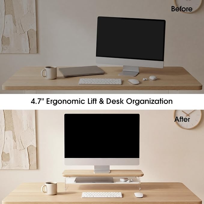 Fenge 23.6" Monitor Stand with Clear Acrylic Legs, Oak | Clear acrylic, storage compartment, 2-tier home office monitor riser, wide large desktop shelf fit monitor/laptop/printer - Image 6