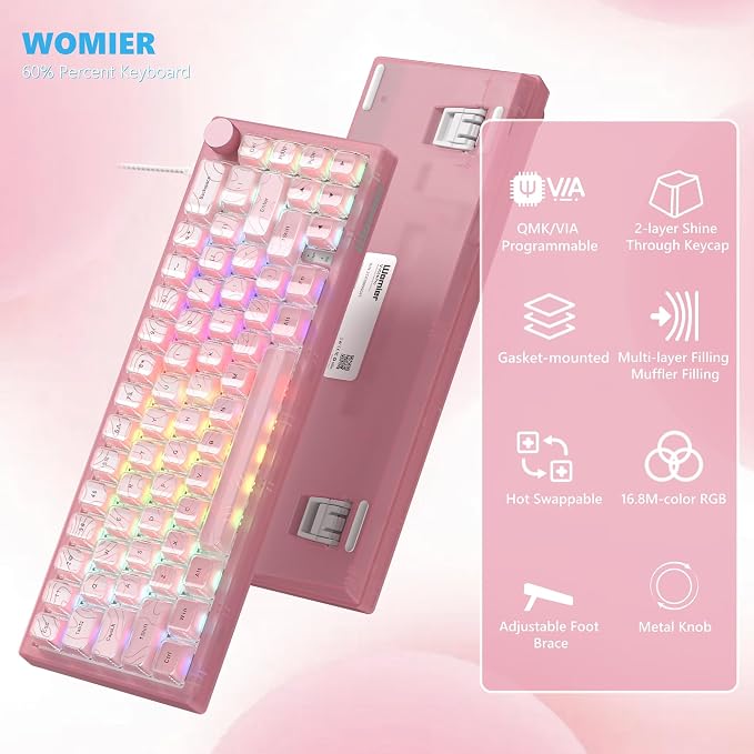 Womier 60% Percent Keyboard Pink Mechanical QMK/VIA Gaming Keyboard | Creamy Keyboard Topographic, Hot Swappable Gasket Mount RGB Wired Key board & Translucent Keycaps (VK66 PRO) - Image 6
