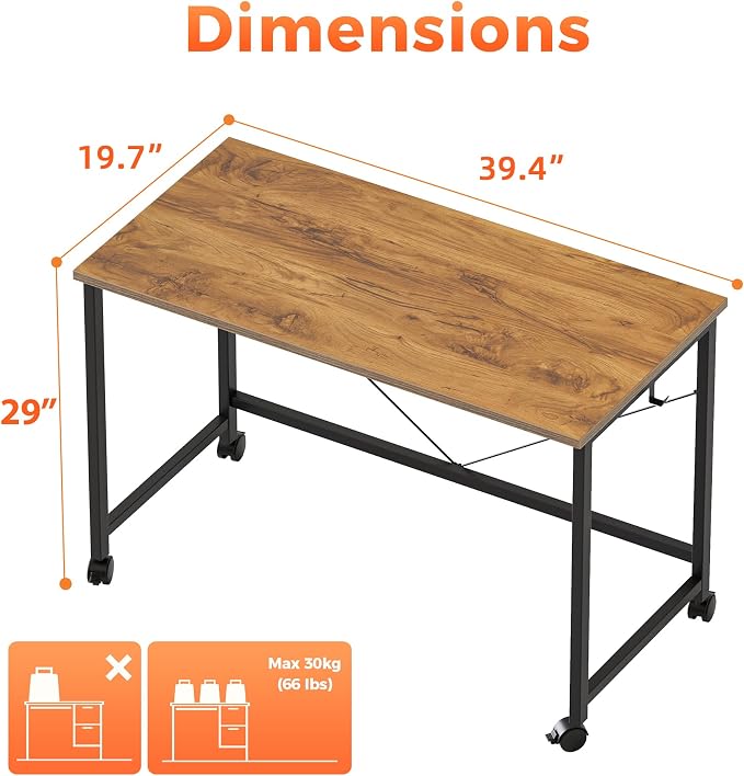 Mericonia 39x20 Inch Computer Desk with Wheels, Small Simple Rolling Desk | Writing Table for Home Office Bedroom Work Study, Brown - Image 2