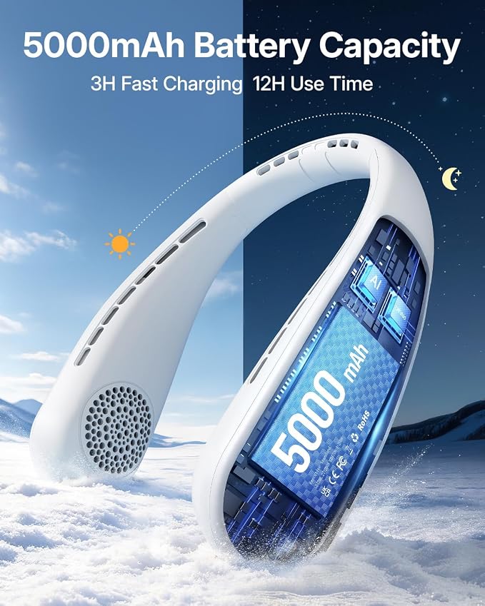 SHEWIND Portable Neck Fan - 5000mAh Rechargeable Hands-Free Wearable Fan | 4 Speeds, Bladeless & LED Display | Personal Cooling Fan for Travel, Outdoors, Camping - White - Image 4