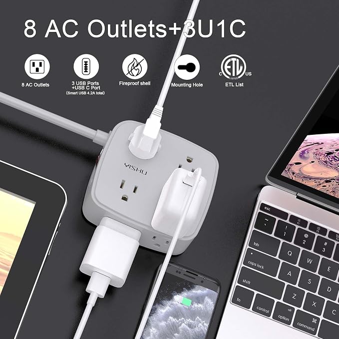 6 Ft Surge Protector Power Strip - 8 Widely Outlets with 4 USB Ports, 3 Side Outlet Extender with 6 Feet Extension Cord, Flat Plug, Wall Mount, Desk USB Charging Station, ETL, Grey - Image 2