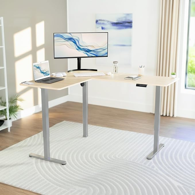 VIVO Light Wood 63 x 55 in Corner Standing Desk, DESK-E3CTGC | Electric, Reversible L-Shaped Table, Sit Stand, Height Adjustable, Memory Controller, Office Furniture Sets, Gray Frame - Image 2