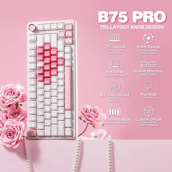 YUNZII B75 PRO 75% Wireless Mechanical Keyboard (White Heart,MilkV2) | Hot Swap Keyboard with Knob, Gasket Mount, Creamy Pre-lubed Switch for Smooth Typing, BT/USB-C/2.4G, for Gaming - Image 2