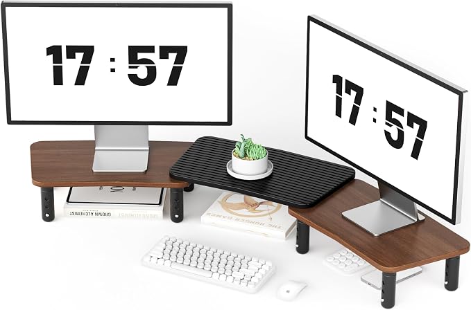 Dual Monitor Stand For Desk,Adjustable Height Long Wood Computer Riser | For Computer,Notebooks,Laptop,Printer,TV,Decoration for Office & Home ,Walnut by AFOOYO