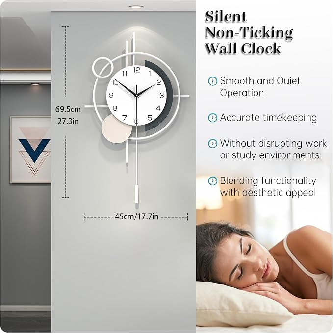 Large Decorative Wall Clock Silent Non-Ticking Quartz Battery Operated Pendulum Wall Clock for Living Room Kitchen Office Bathroom Bedroom Home Wall Art 17.7x27.3 inch - Image 4