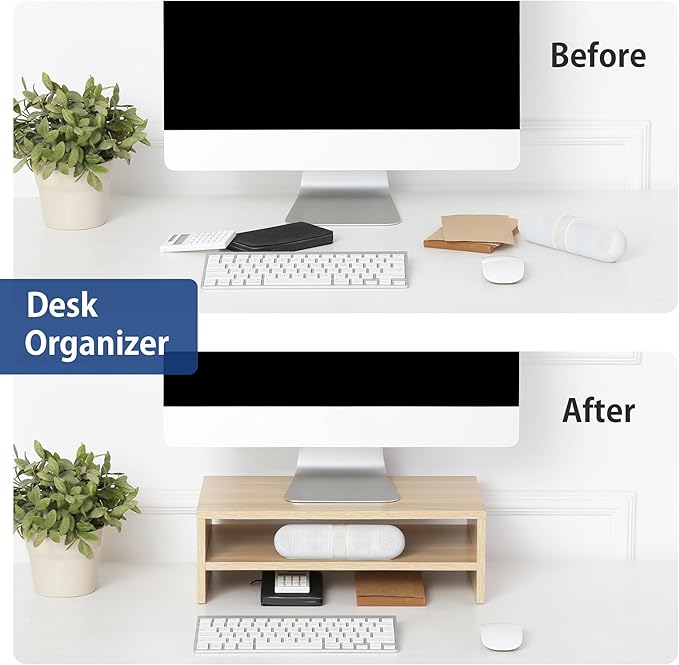 FITUEYES Monitor Stand - 2 Tier Computer Monitor Riser Shelf, Wood Desktop Stand for Laptop Computer Screen, Desk Organization, Office Supplies - Image 2