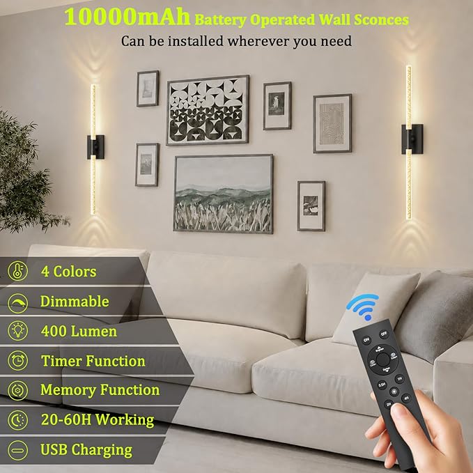 iThird Crystal Bubble Wall Sconces Set of 2: 10000mAh Rechargeable Wireless Lights with Remote & 360° Rotate, 4 Color Temps Dimmable, 31.5" Wall Lamp for Bedroom Living Room Mirror, Black - Image 7