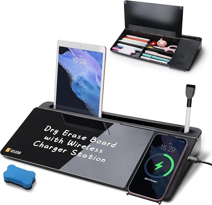 SELEAD Desktop Glass Whiteboard with Wireless Charger Station, Dry Erase Board Computer Pad Keyboard Stand with Organizer Drawer for Home, School, Office Desk Accessories, Black by SELEAD
