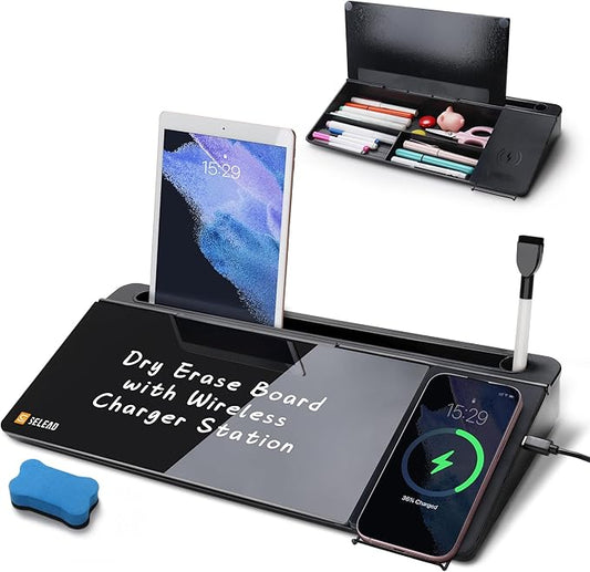 SELEAD Desktop Glass Whiteboard with Wireless Charger Station, Dry Erase Board Computer Pad Keyboard Stand with Organizer Drawer for Home, School, Office Desk Accessories, Black by SELEAD