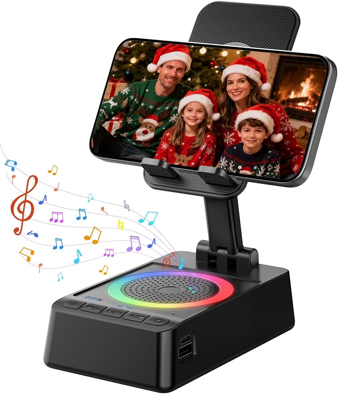 Gifts for Men Women, Cell Phone Stand with Wireless Bluetooth Speaker, 4 in 1 Bluetooth Speaker, for Men Women Teens, LED Lights 360° Phone Holder Compatible with Phones iPad by buwy
