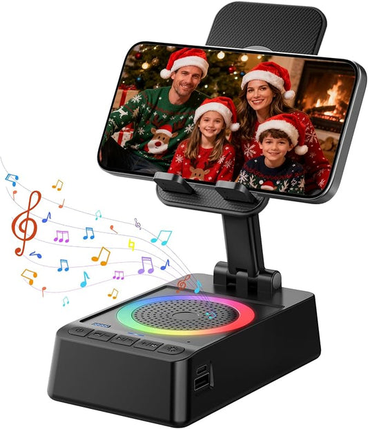 Gifts for Men Women, Cell Phone Stand with Wireless Bluetooth Speaker, 4 in 1 Bluetooth Speaker, for Men Women Teens, LED Lights 360° Phone Holder Compatible with Phones iPad by buwy