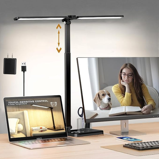 Retractable Dimmable LED Desk Lamp with USB Charging Port Desk Light | Height Adjustable 50 Lighting Modes Dual Swing Arm Architect Adjustable Table Lamp Light for Home Office Dorm Nail, Black by CHARYJOD