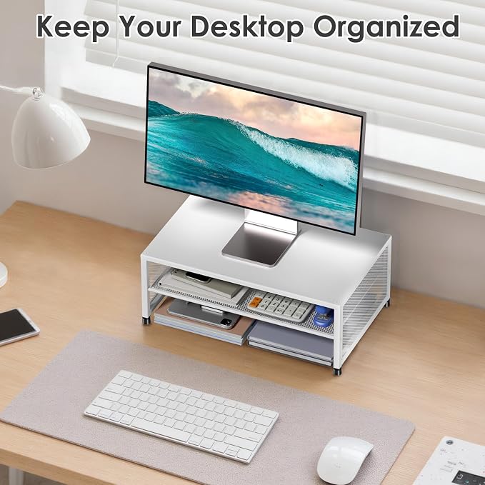 ECOLOVI 2-Tier Computer Monitor Stand Riser, Desk Organizer for Monitor, Printer & Laptop Stand, Desktop Workspace Organizers for Office Supplies(White) - Image 7
