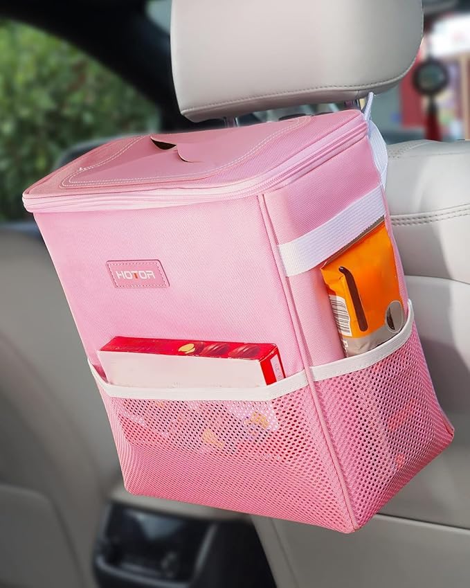 HOTOR Car Trash Can with Lid and Storage Pockets - 100% Leak-Proof Organizer, Waterproof Garbage Can, Multipurpose Trash Bin for Car, 2 Gallons, Pink by HOTOR