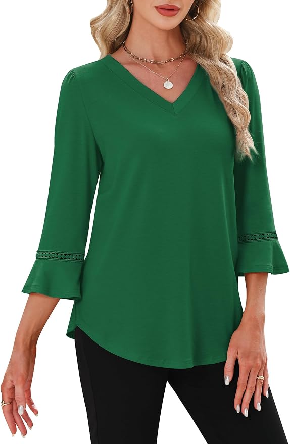 WIHOLL Womens Blouses Dressy Casual 3/4 Length Sleeve Tops Lace Trendy 2026 Spring Summer V Neck Shirts Vacation Outfits - Image 3