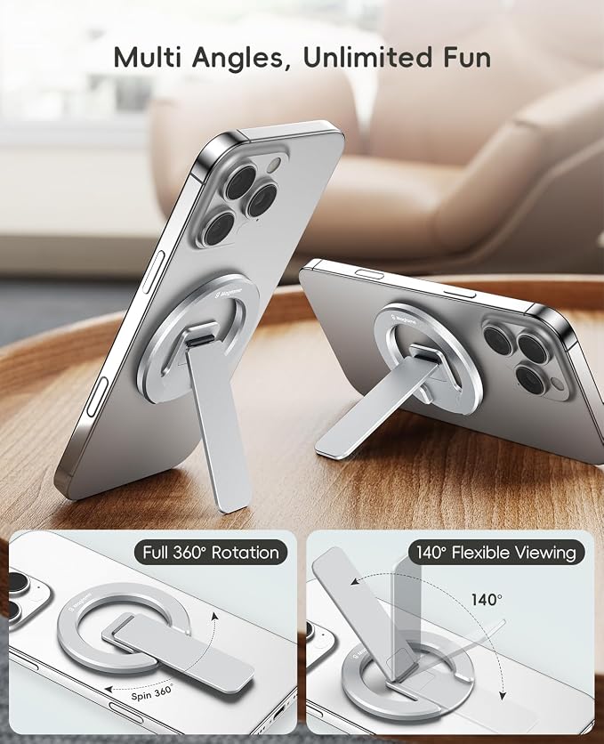 Double-Sided Magnetic Phone Stand Grip, Strong Magnetic Kickstand Desk Holder for Mag&Safe and Smartphone, Foldable Adjustable Design, Silver - Image 6