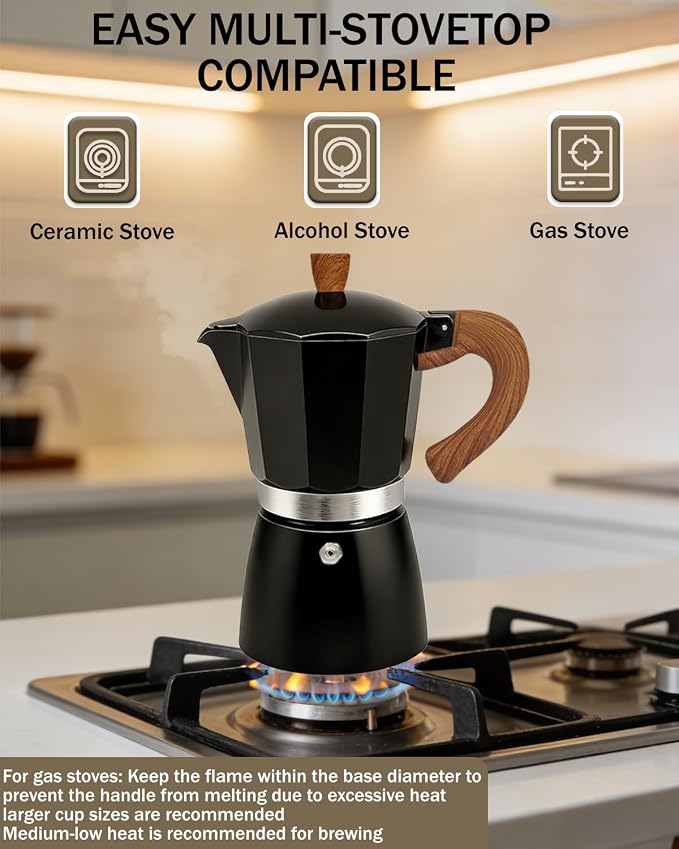 Coffee Maker Stovetop Espresso Maker 3 Cup Aluminum Moka Pot Percolator 5oz 150ml Easy Brewing for Electric Ceramic Stoves Home Camping Italian Cuban Café Classic Sip Sized Black - Image 5