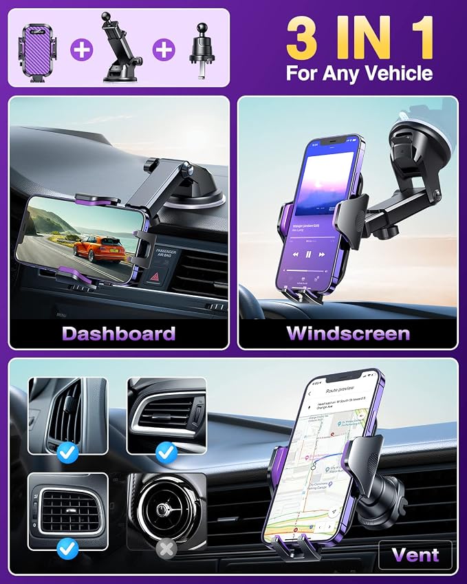 VANMASS Phone Holders for Your Car 2026 Ultimate Phone Mount Military-Grade Windshield Dashboard Vent【Newest Best Strongest】 Cell Phone Car Mount for iPhone 16 Pro Max 15 Samsung Android,Purple - Image 4
