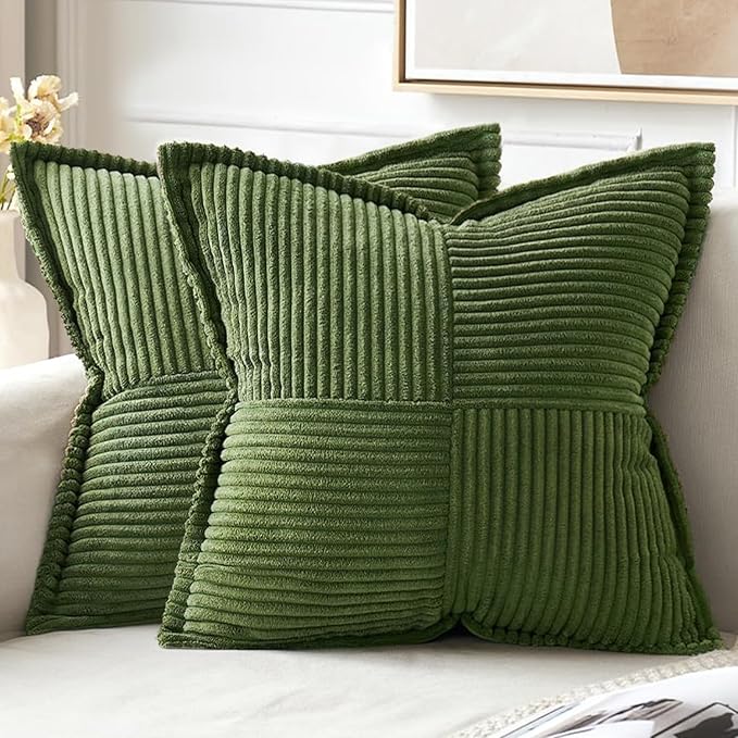 MIULEE Spring Decorative Throw Pillow Covers for Couch Bed Livingroom 18x18 Inch Set of 2 Moss Green Boho Accent Throw Pllows Broadside Striped Patchwork Soft Corduroy Summer Pillowcases by MIULEE