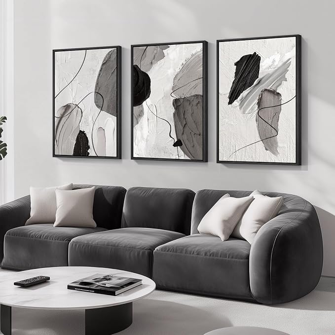Large Framed Modern Abstract Wall Art for Living Room, 3 Piece Black White Gray Canvas Prints Paintings Artwork for Walls, Minimalist Abstract Pictures for Hallway, Stair, Office Wall Decor 24x36 In - Image 2