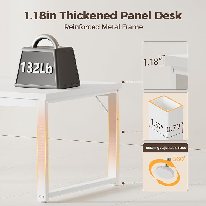 Mericonia 40 Inch Computer Desk, 1.2" Thick Small Office Table, White | Modern Simple Style, Heavy Duty Industrial Frame, Small Study & Writing Table for Home Bedroom Work - Image 4