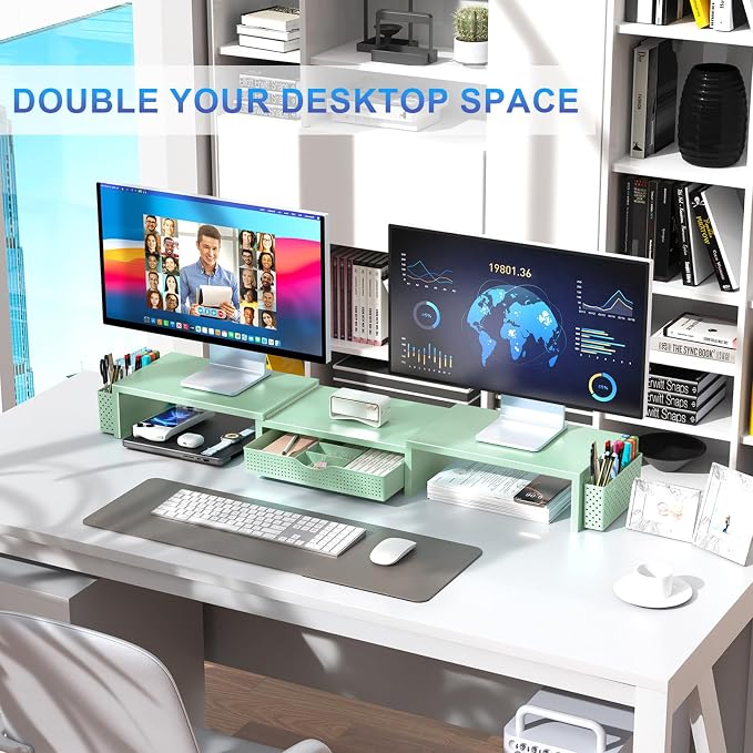 gianotter Dual Monitor Stand Riser, Desk Organizer With Drawer and 2 Pen Holders, Computer Monitor Stand, Desk Shelf for Top of Desk (Sage Green) - Image 7