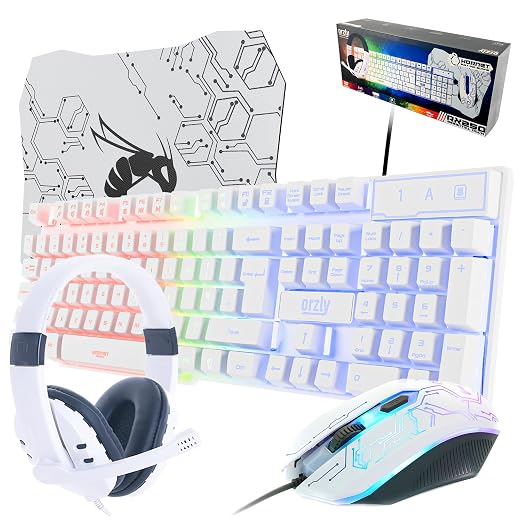 Gaming Keyboard and Mouse and Gaming Headset & Mouse Pad, Wired LED RGB Backlight Bundle for PC Gamers Users - 4 in 1 White Edition Hornet RX-250 by Orzly
