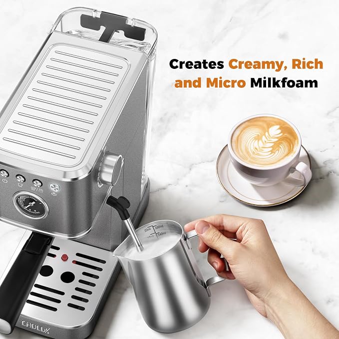 CHULUX Elite Espresso Coffee Machine with Steam Wand for Cappuccino, Gray | Hot and Iced Espresso, 1350W Fast Heating System, Visible Pressure Gauge, PID Temperature Control, Pre-Infusion Technology - Image 4
