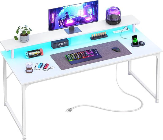 PRAISUN 48 inch Gaming Desk, LED & Power Outlets, Monitor Stand, White | Sturdy PC Desk for Home Office, Study & Work, LED Lights, 4 AC Outlets & USB-C Charging Station by PRAISUN