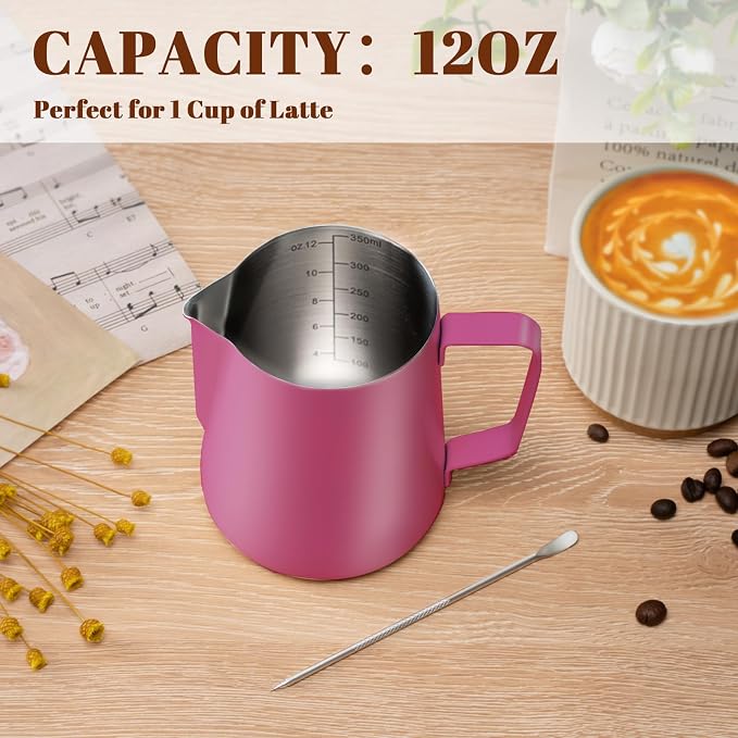 Amrules Milk Frothing Pitcher, 12 oz Milk Frother Cup with Clear Scale, 304 Stainless Steel Cappuccino Espresso Machine Accessories for Barista Coffee Bar with Latte Art Pen, Rose Red - Image 4