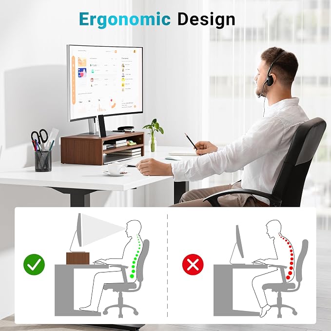 BONTEC Wood Monitor Stand Riser, 2-Tier Desktop Organizer | Ergonomic Computer Stand for Desk, Cable Management, Cellphone Holder, 21.3 Inch Shelf, Walnut - Image 6