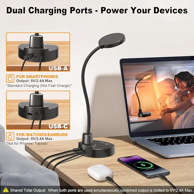 15W LED Desk Lamp with USB Charging Ports – Dimmable Table Lamp with 3 Color Temps, 5 Brightness, 4 Timers, Flexible Gooseneck Light with Base, Eye-Caring Reading Light for Home Office, Bedroom, Study - Image 4