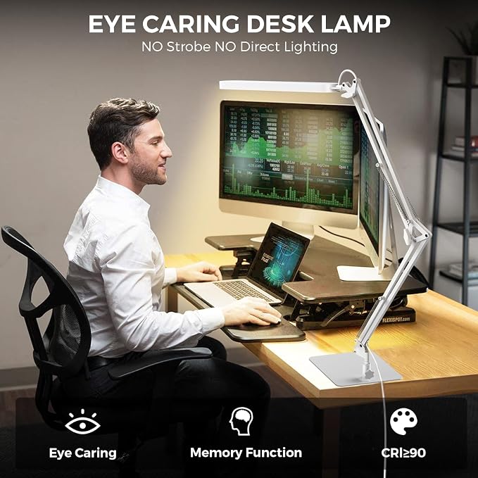 SKYLEO LED Desk Lamp with Slim Base - Adjustable Swing Arm Desk Light, Dimmable, Timer, Eye Protection, Memory Function, 1300LM, 12W, White - Image 5