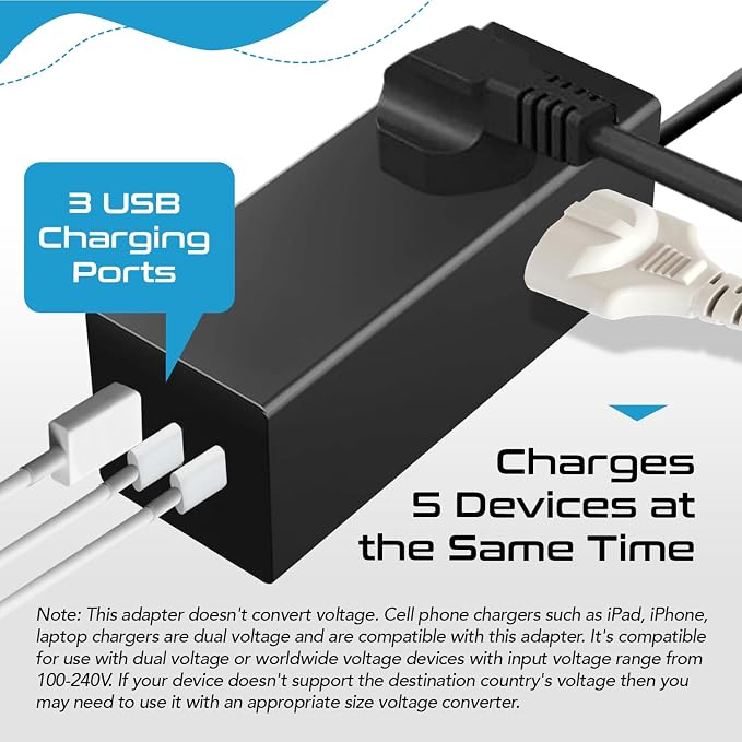 Ceptics 65W World Travel Adapter 3 USB Ports PD 3.0 Ultra Compact Charger 2 US Outlets [GaN Tech], Quick Type C, Charge Laptops, Cellphones in Europe, Asia, Africa, America and More - Image 6