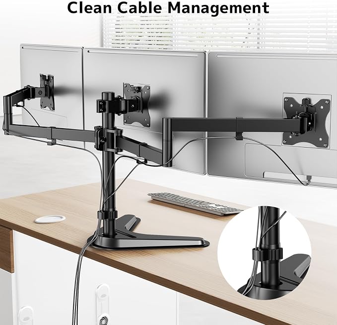 Triple Monitor Stand, Full Motion Arm Fits up to 27 inch | Free standing, Cable Management, 22 lbs Weight Capacity per Arm, 75/100 mm VESA, Black - Image 5