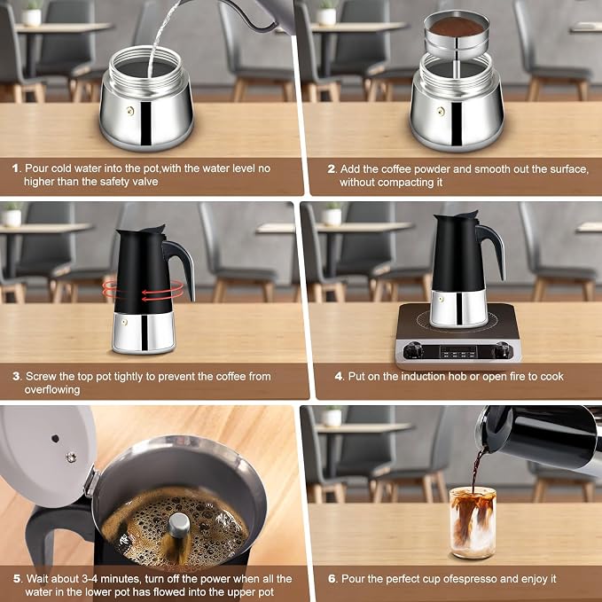 2 Cup Stovetop Espresso Maker Stainless Steel Moka Pot Stove Top Percolator Italian Coffee Makers Capable Mocha Greca Machine Cafe Classic Induction Cookers for Home and Camping 100ml 3.3oz - Image 9