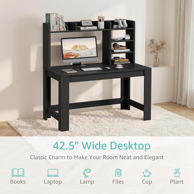 WINAZ 43" Black Gaming Desk with Hutch and Built-in Power Outlet | Modern Computer Desk with 3-Tier Storage Shelves and Hutch, Space-Saving Writing Table for Home Office - Image 7