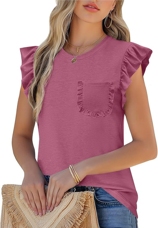 JUSTFASHIONNOW Womens Summer Tops Striped T-Shirts 2026 Ruffle Short Sleeve Crew Neck Casual Blouses with Pocket by Justfashionnow