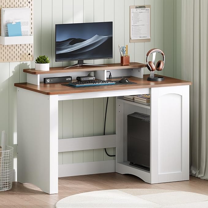 HOOBRO Farmhouse Computer Desk, Office Desk with Charging Station, Executive Desk with Monitor Stand & Adjustable Shelf, Small Desk for Small Space, Study, Living Room, White and Walnut WH85UDN01 by HOOBRO