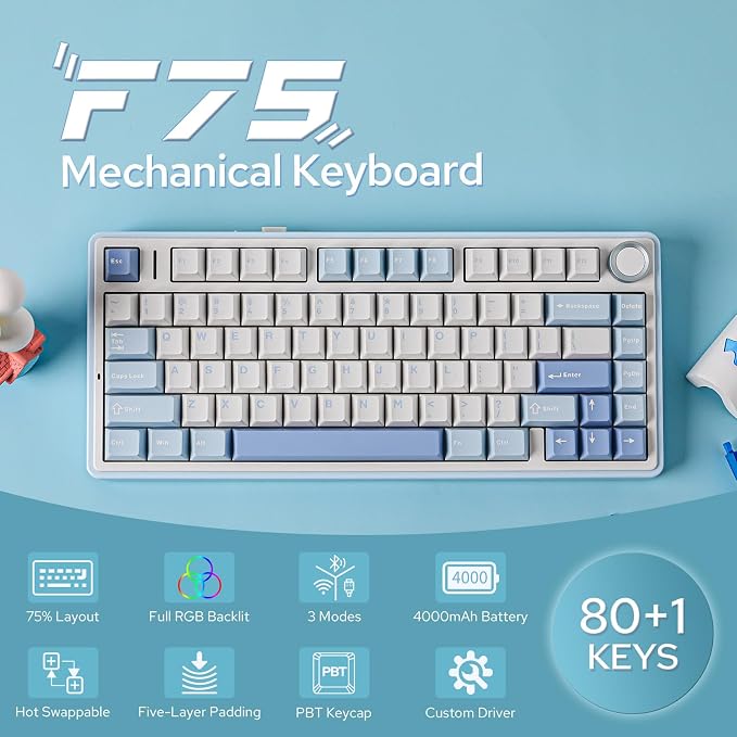 EPOMAKER x Aula F75 Gasket Mechanical Keyboard, 75% Wireless Hot Swappable Gaming Keyboard with Five-Layer Padding&Knob, BT/2.4GHz/USB-C, RGB (Sea Salt Blue, LEOBOG Reaper Switch) - Image 2