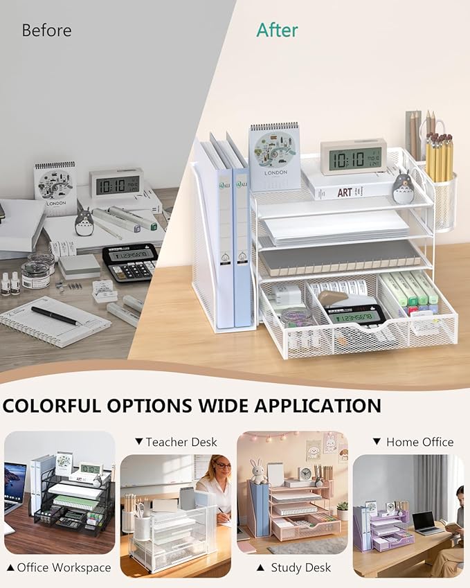 WALI Desk File Organizer, 4 Tier Desktop Paper Letter Tray Organizer with Drawer and 2 Pen Holders, Office Desk Accessories & Workspace Organizers for Office, Home Supplies(DO005DH-W), 1 Pack, White - Image 6
