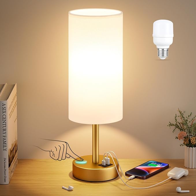 Dicoool Bedside Table Lamp for Bedroom - 3-Way Dimmable Touch Lamp, USB A+C | LED Bulb Included, 14" Small Nightstand Lamp for Desk, Living Room, Guest Room, White Fabric Lampshade, Gold Metal Base - Image 7